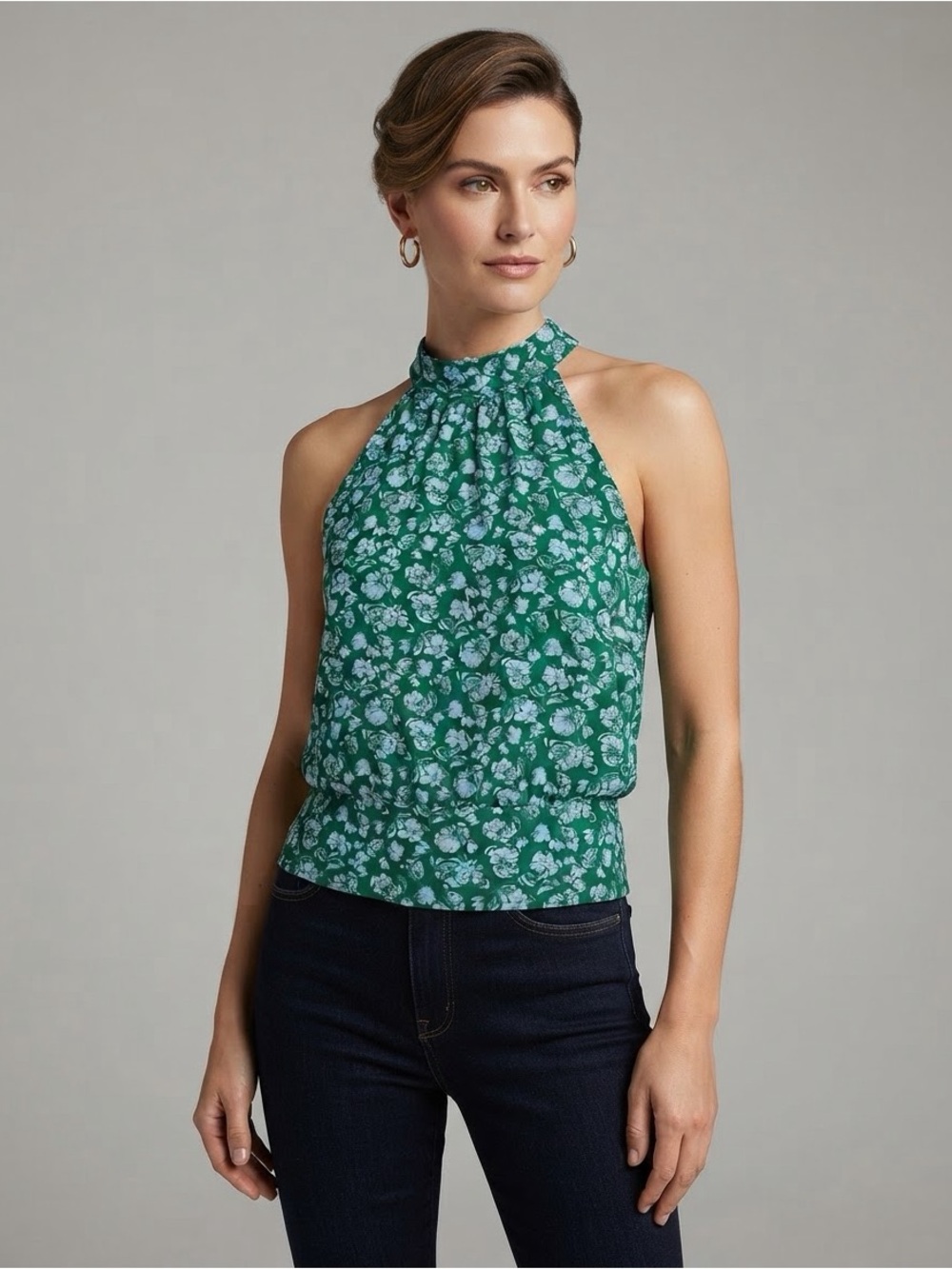 Beacon Apparel Green Floral Halter High Neck Sleeveless Blouse from stitch fix L